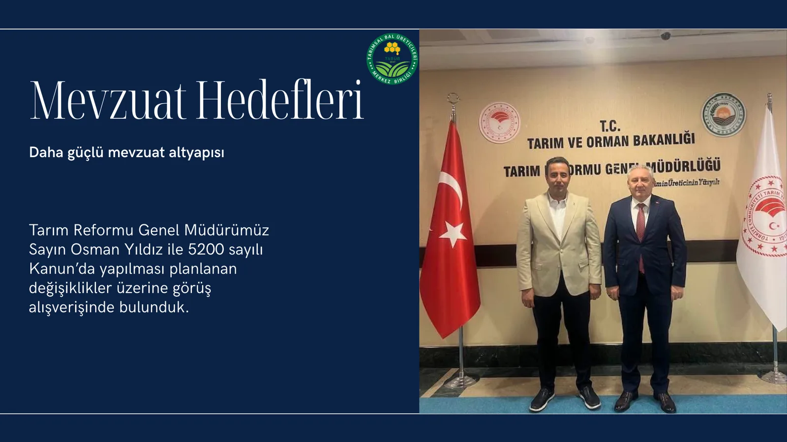 Mevzuat Hedefleri Daha güçlü mevzuat altyapısı Tarım Reformu Genel Müdürümüz Sayın Osman Yıldız ile 5200 sayılı Ka